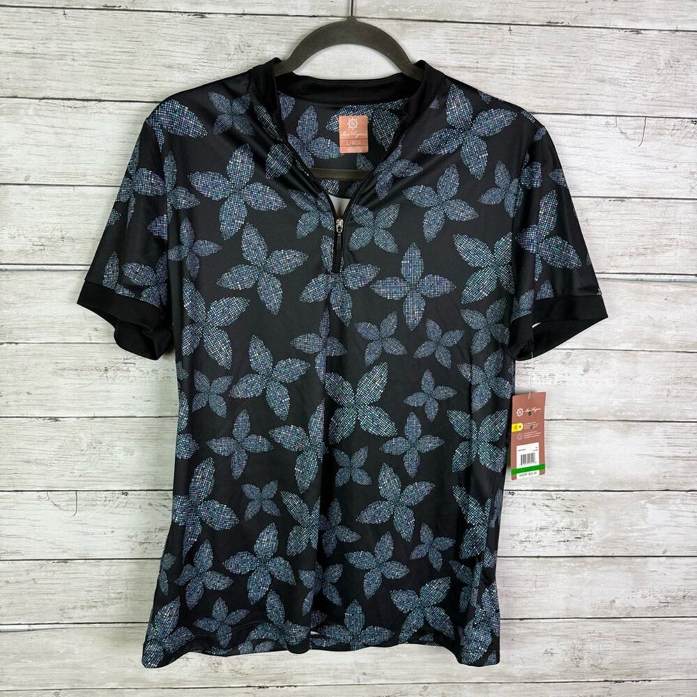 Ben Hogan Pixel Floral Short Sleeve 1/4 Zip Polo Top Size Large